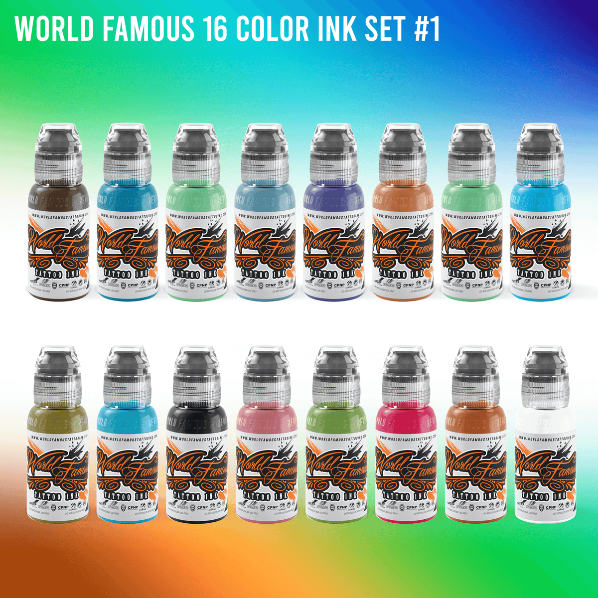  World Famous Tattoo Ink - 16 Color Tattoo Kit #1 - Professional  Tattoo Ink in Color Assortment, Includes White Tattoo Ink - Skin-Safe  Permanent Tattooing - Vegan & Non-Toxic (1 oz