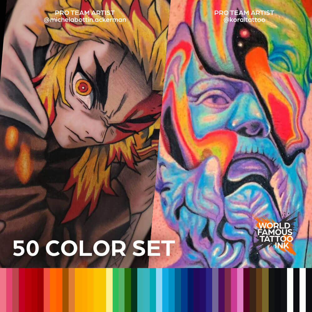 WORLD FAMOUS Tattoo Ink Set of 7 Colors 1/2 oz + GreyWash Set of 3 Shadings  1 oz